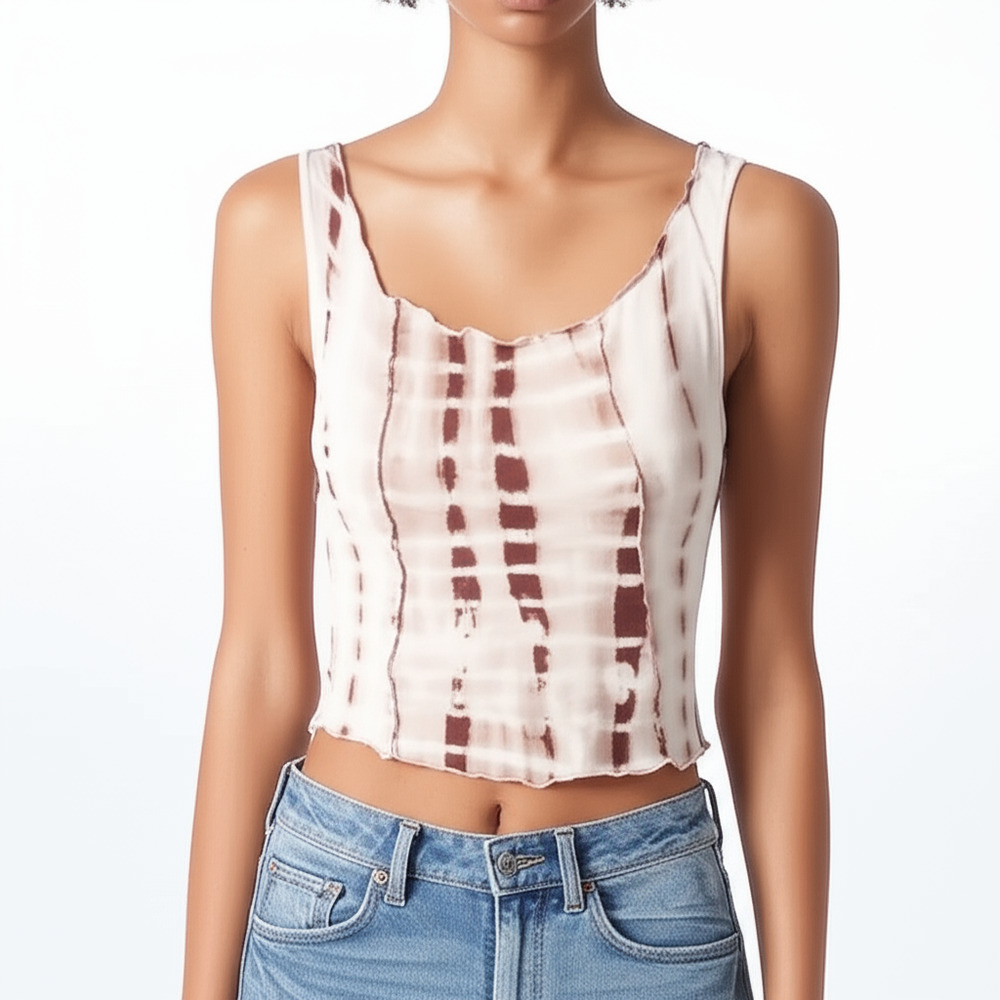 SHEIN Sleeveless Top Womens Size S Brown Striped Tie Dye Scalloped Neck Boho